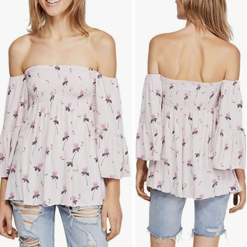 Free People Lana Floral Smocked Off Shoulder Light Pink Cloud Cherry Combo M EUC